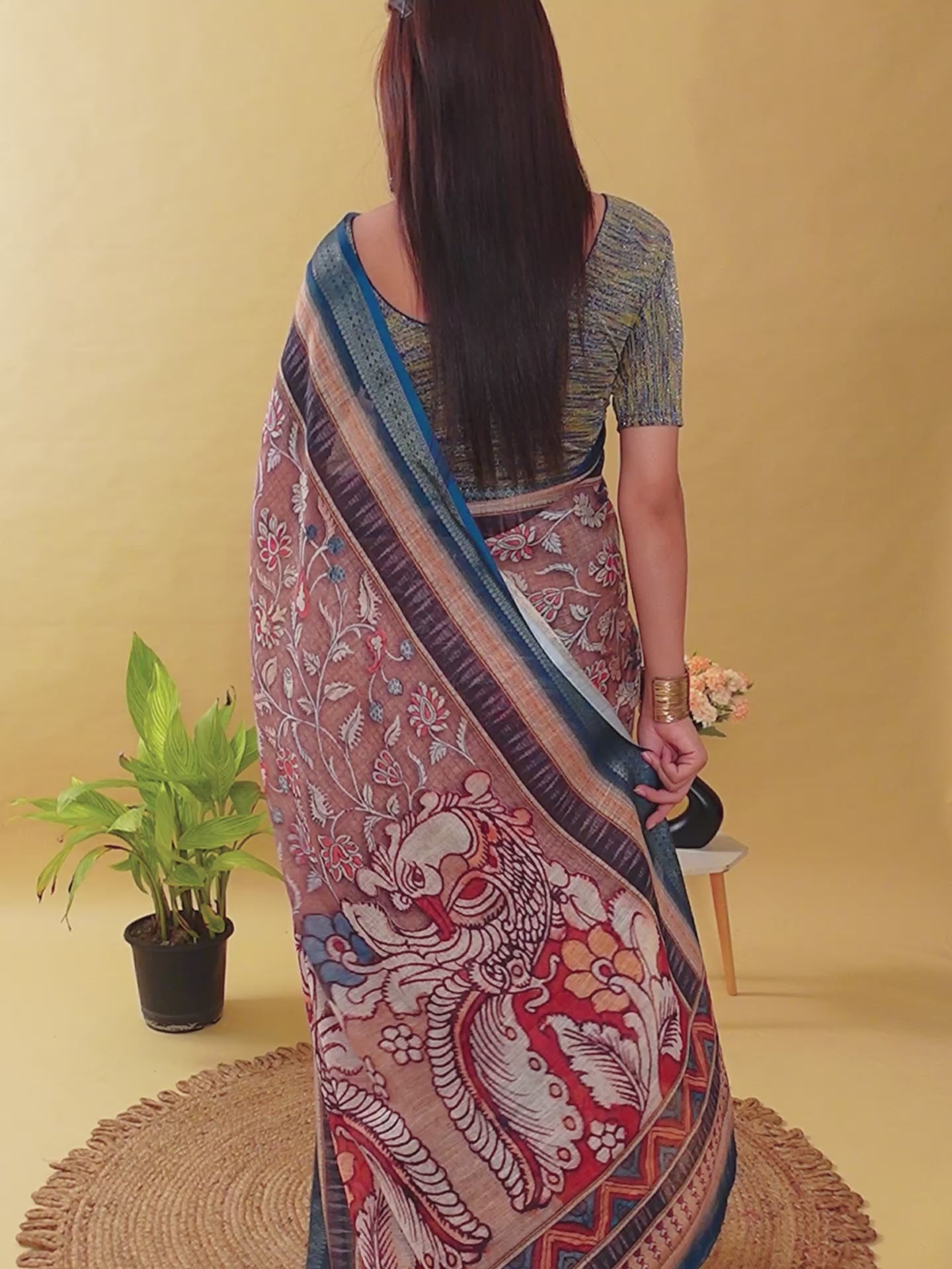 Heritage Brown & Teal Artistic Linen Cotton Saree | Kalamkari/Pichwai Style with Jacquard Border